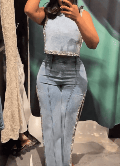 Rhinestone denim suit