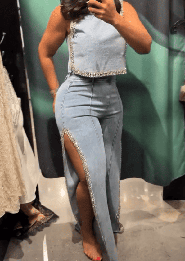 Rhinestone denim suit