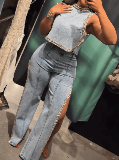 Rhinestone denim suit