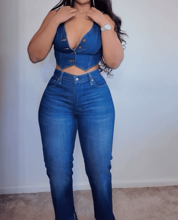 New Denim Sleeveless Jacket Trousers Set