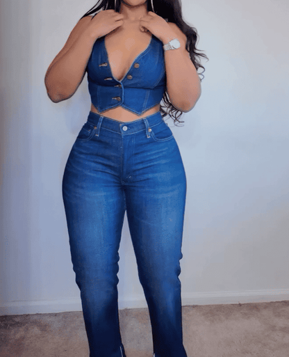 New Denim Sleeveless Jacket Trousers Set