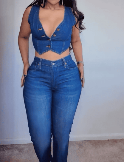 New Denim Sleeveless Jacket Trousers Set