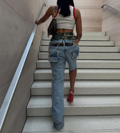 Camouflage Fake Two-Piece Irregular jeans