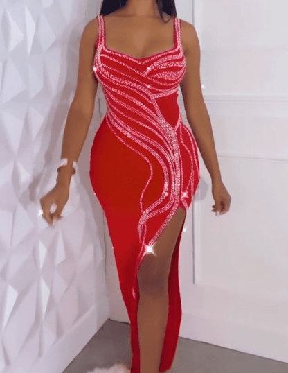 Rhinestone Decoration High Slit Dress