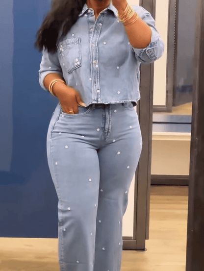 Denim set with embroidered beads