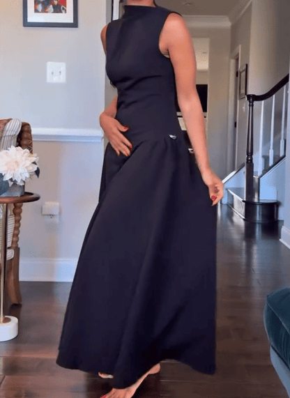 Black Sleeveless Metal Button Midi Dress