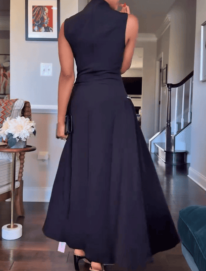 Black Sleeveless Metal Button Midi Dress
