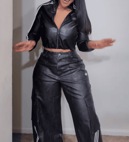 🔥Last Day Promotion 49% OFF🔥Vintage Faux Leather Jacket Long Pants 2-pc Set