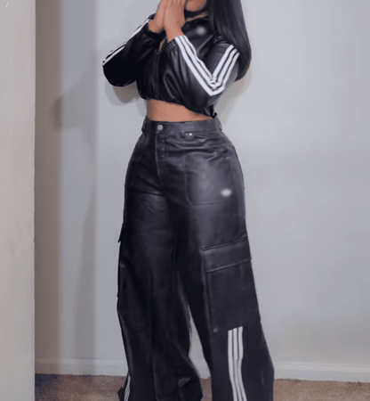 🔥Last Day Promotion 49% OFF🔥Vintage Faux Leather Jacket Long Pants 2-pc Set