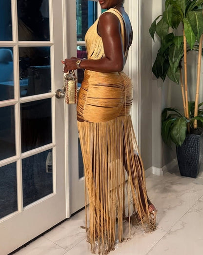 Metallic Backless Fringe Dress
