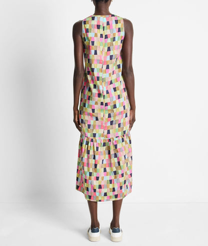 Colorfield Print Split V-Neck Sleeveless Ruffle Dress
