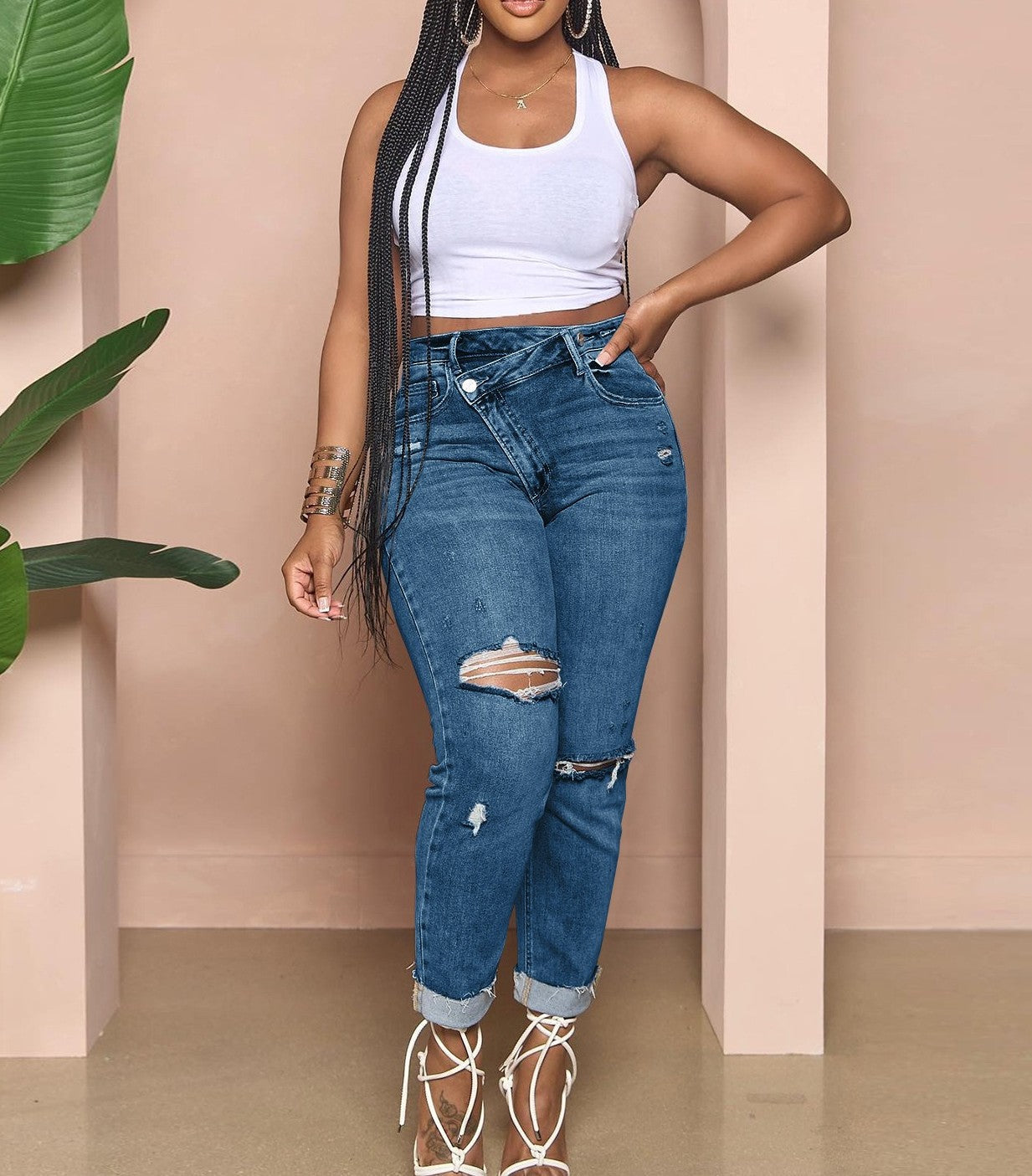 Tummy Tuck Skinny Ripped High Waist Jeans-Dark Wash