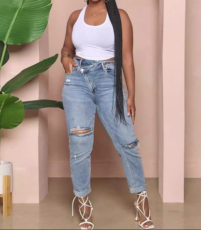Tummy Tuck Skinny Ripped High Waist Jeans-Dark Wash
