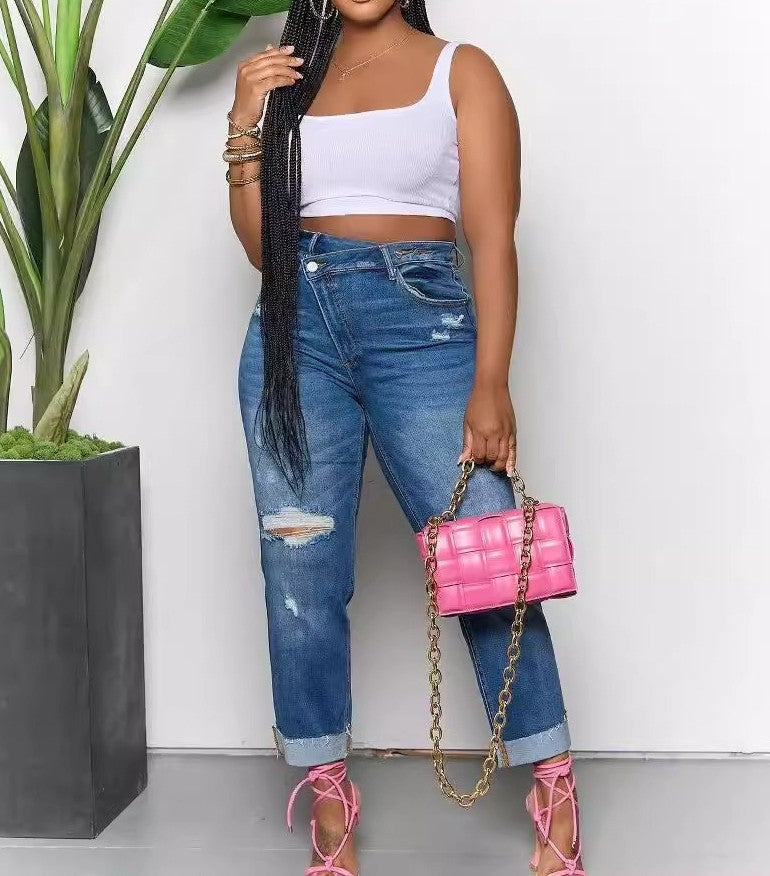 Tummy Tuck Skinny Ripped High Waist Jeans-Dark Wash