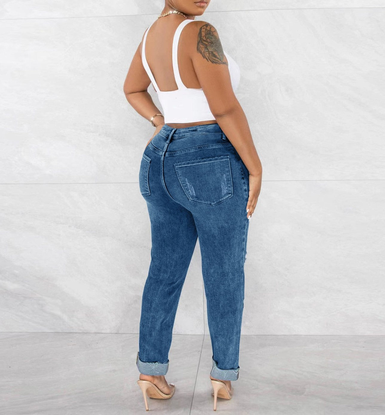 Tummy Tuck Skinny Ripped High Waist Jeans-Dark Wash