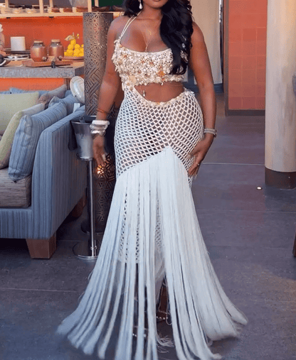 Beaded Gathered Ladder Crochet Dress