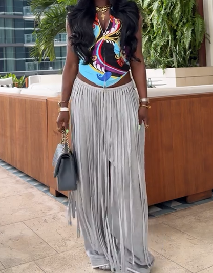 GREY LOOSE FRINGE PANTS