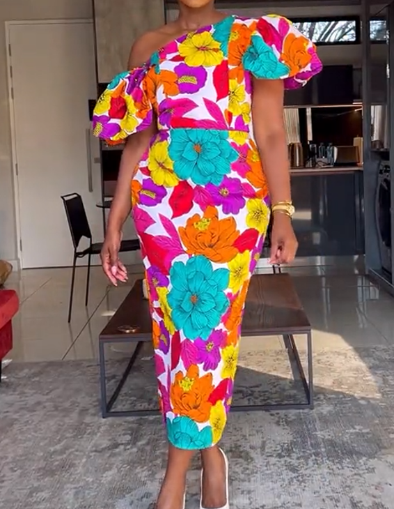 Colorful Bubble Sleeve Midi Dress