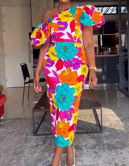 Colorful Bubble Sleeve Midi Dress