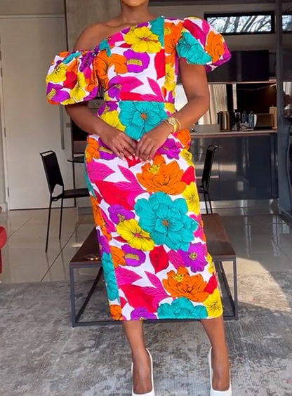 Colorful Bubble Sleeve Midi Dress