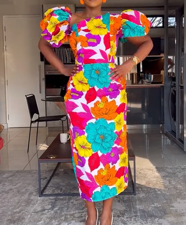 Colorful Bubble Sleeve Midi Dress