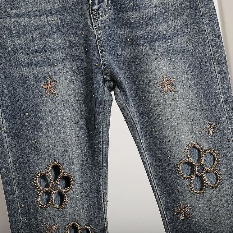Embroidered hollow rhinestone flared pants