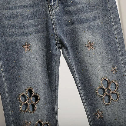 Embroidered hollow rhinestone flared pants