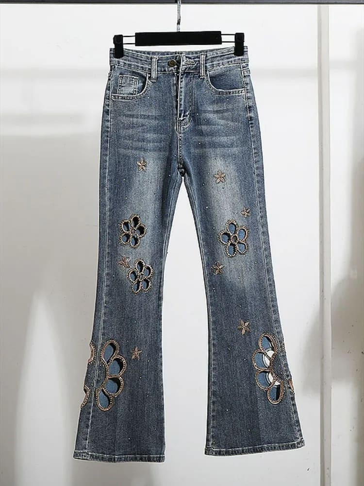 Embroidered hollow rhinestone flared pants