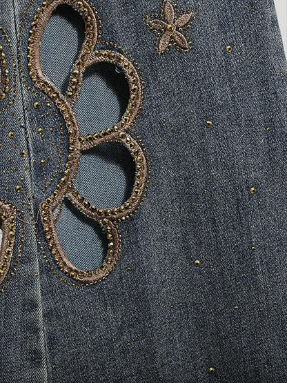Embroidered hollow rhinestone flared pants