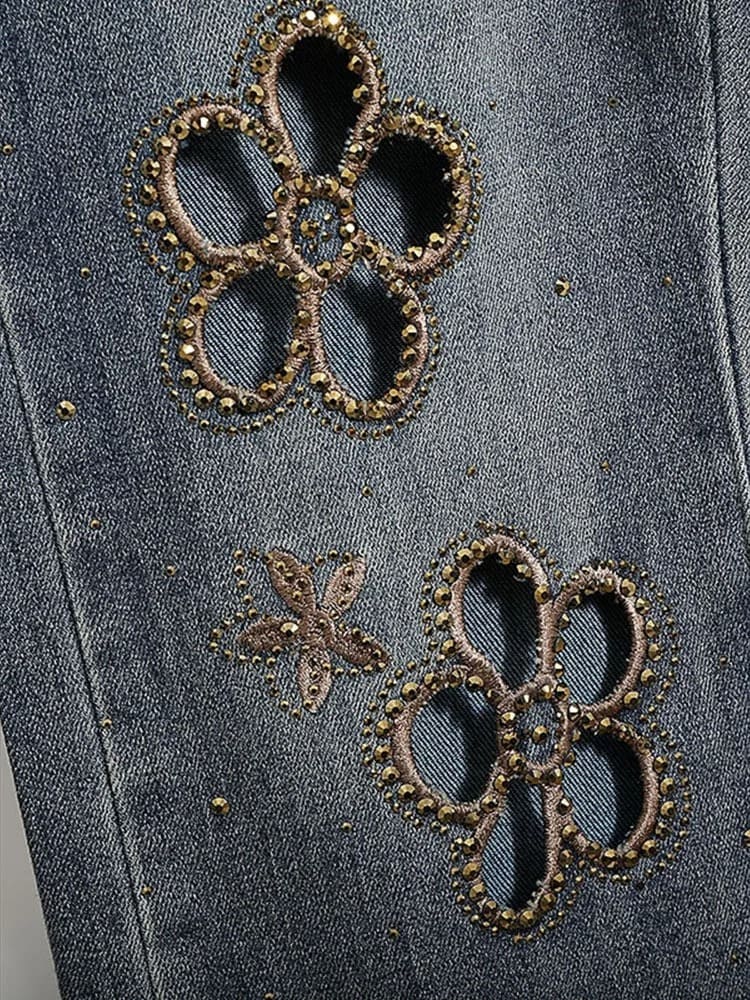 Embroidered hollow rhinestone flared pants