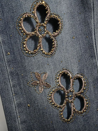 Embroidered hollow rhinestone flared pants