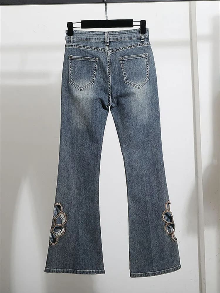 Embroidered hollow rhinestone flared pants