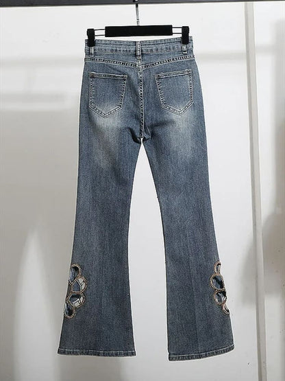 Embroidered hollow rhinestone flared pants