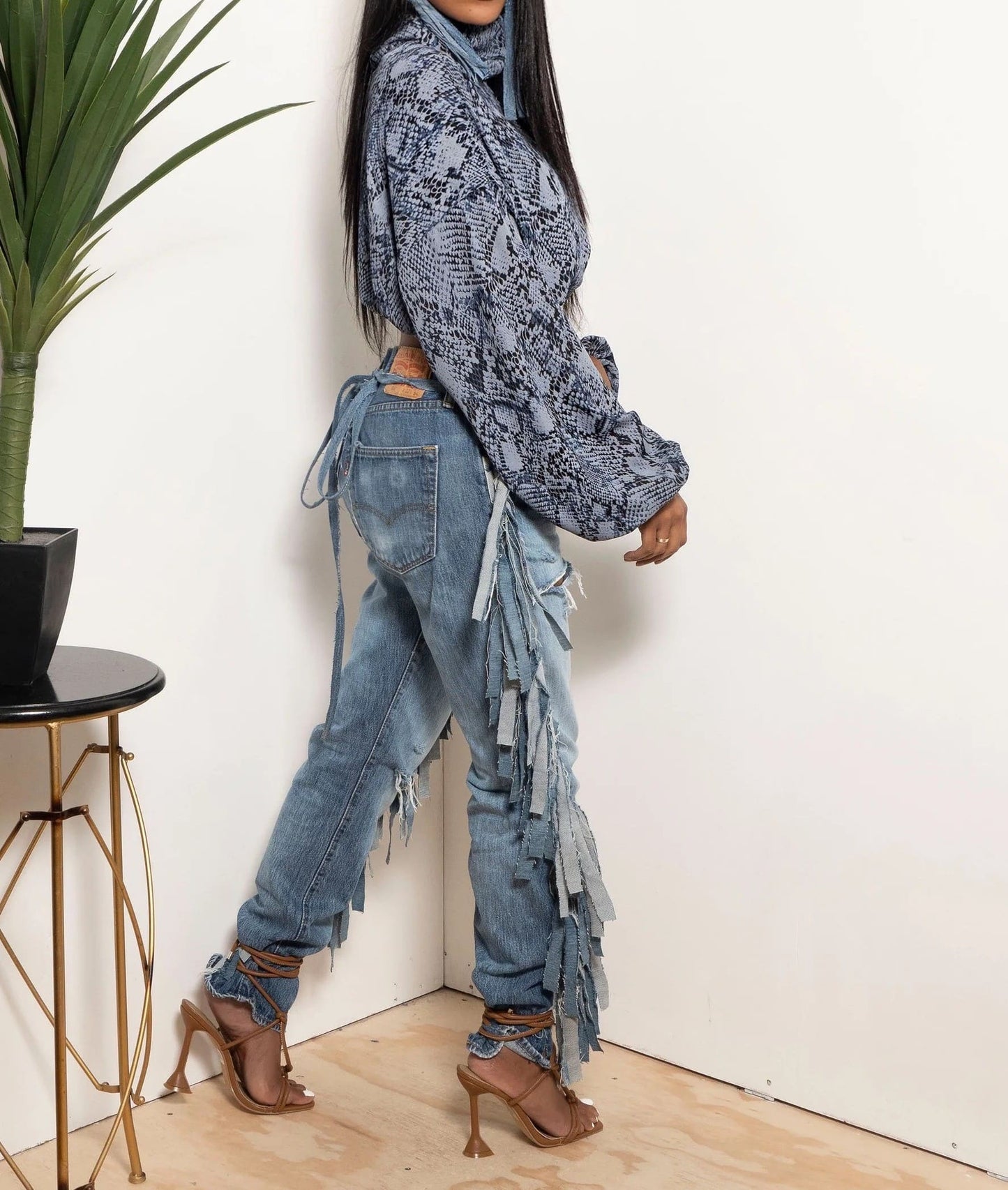 Bleached fade Denim fringe Pants
