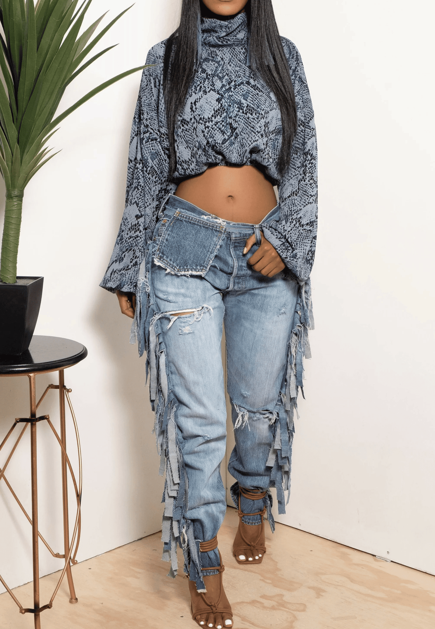 Bleached fade Denim fringe Pants