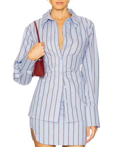 Striped Cotton Open Lapel Two Pieces Set