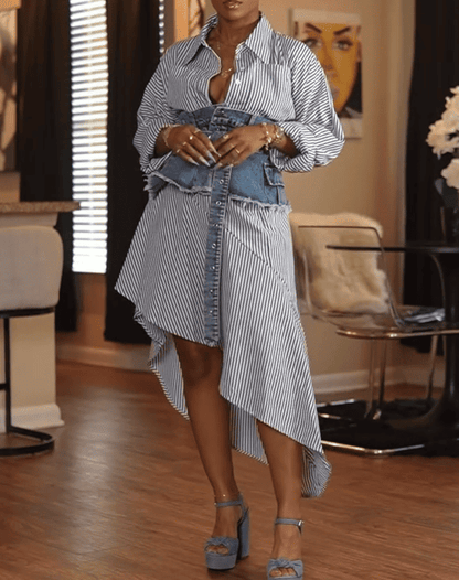 Blue Striped 2pc Denim Set Shirt Dress