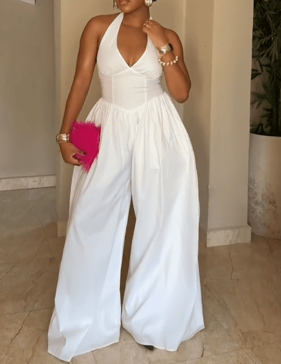 Halter V-Neck Backless Wide-Leg Jumpsuit - White