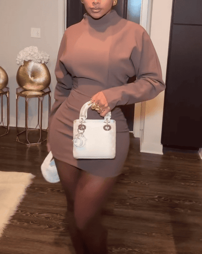 Long-Sleeve Mock Neck Plain Mini Dress