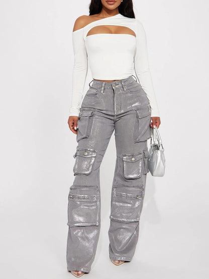 Time To Shine Foil Baggy Cargo Jeans