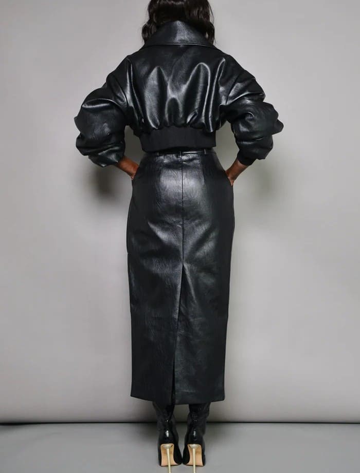 【🔥🔥Free Shipping】Faux Leather Bomber & Diagonal Pleated Skirt