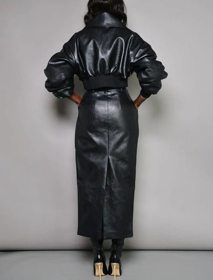【🔥🔥Free Shipping】Faux Leather Bomber & Diagonal Pleated Skirt