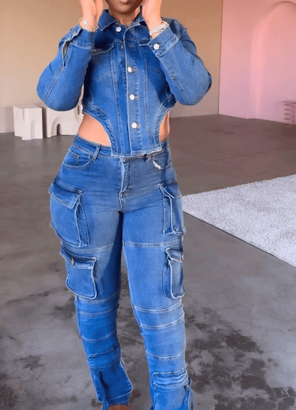 Wash Cut Out Waist Denim Set