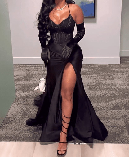 Halter Mermaid Hem High Slit Party Maxi Dress