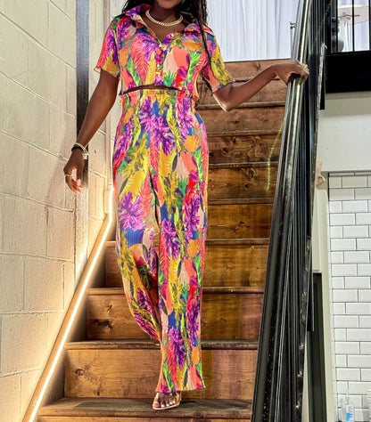 Multicolor pleated print two-piece set