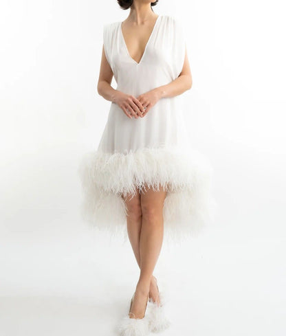 Elegant Sleeveless White Feather Patchwork Irregular Hem Midi Dress