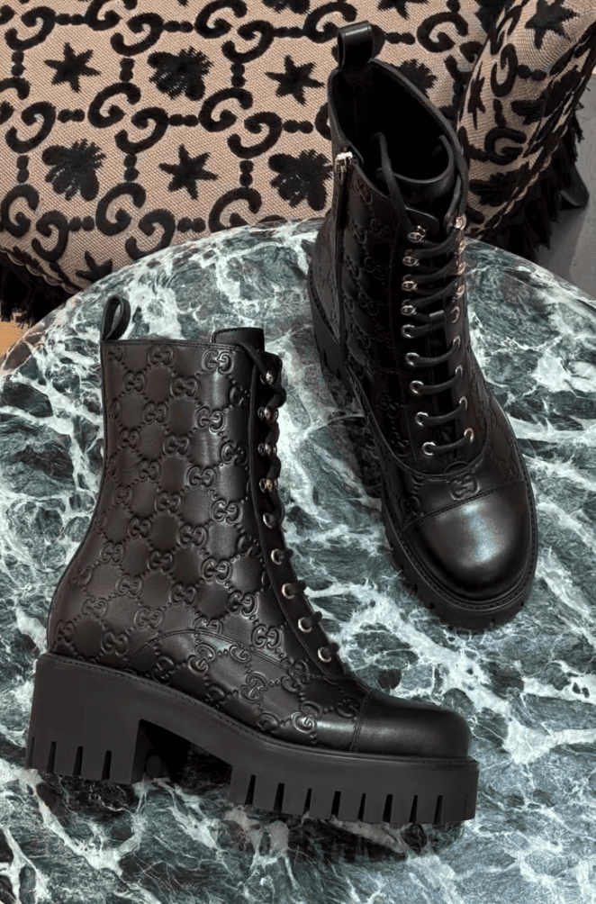 Black Engraved Italian Leather Ankle Boots