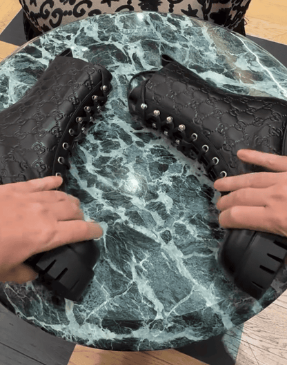 Black Engraved Italian Leather Ankle Boots