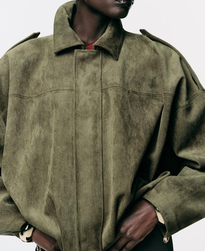 Suede Bomber Zipper Pilot Oversized Jacket