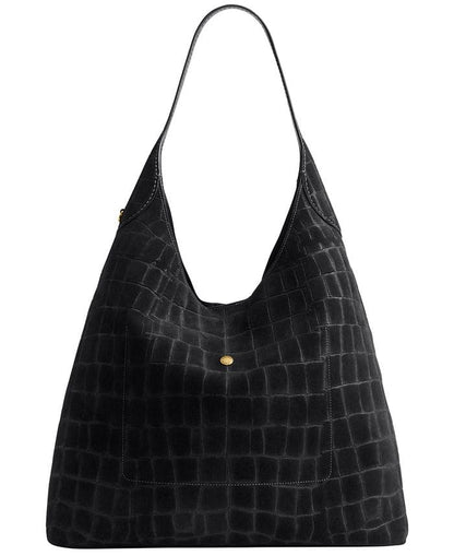 Extra-Large Crocodile-Embossed Suede Shoulder Bag